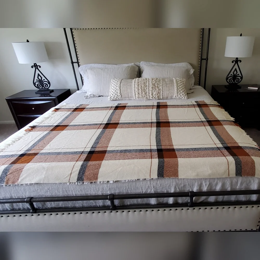 We Three Weavers Handwoven 100% Wool Cream/Black/Terra Cotta Plaid Throw Blanket